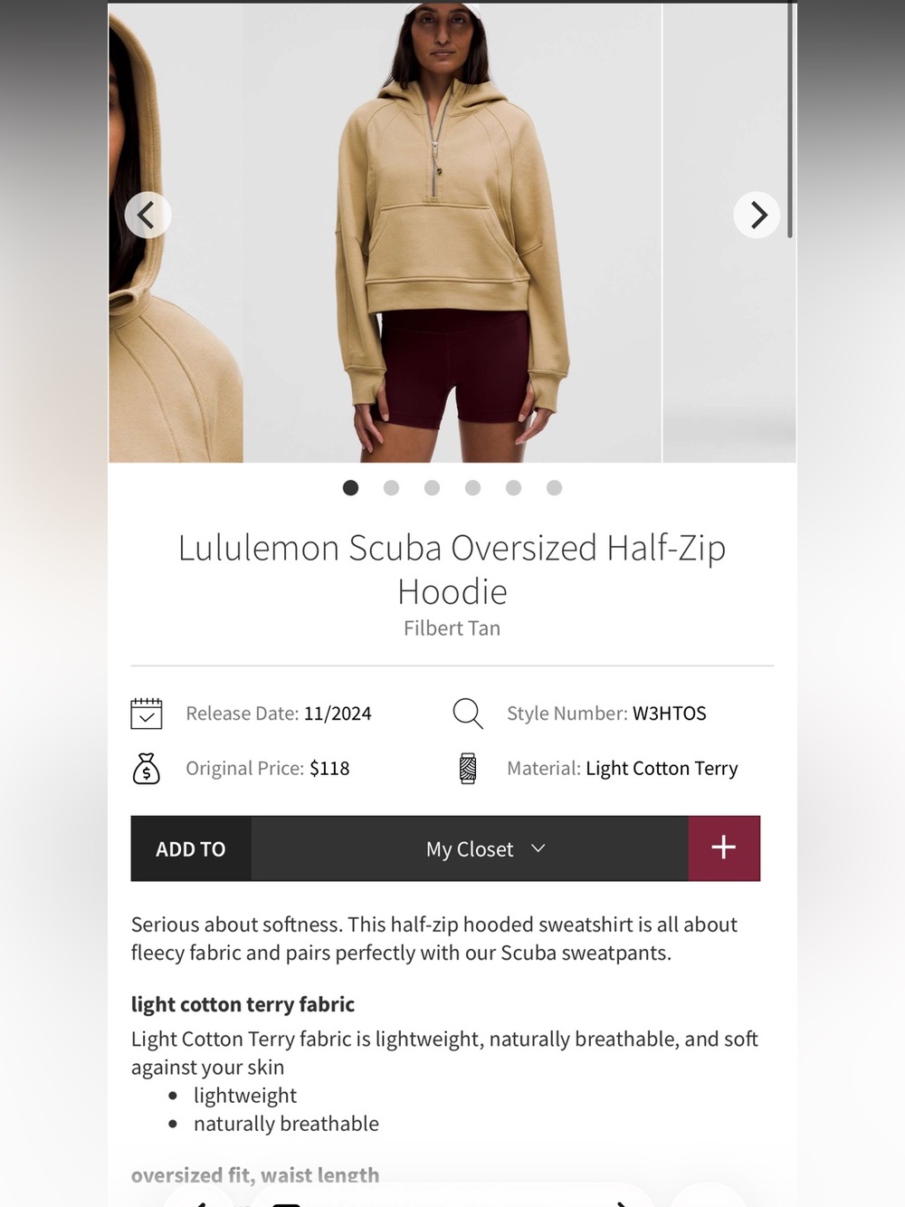 Lululemon Scuba Oversized Half-Zip Hoodie Waist Length Size M/L Filbert Tan NWT - Picture 6 of 6